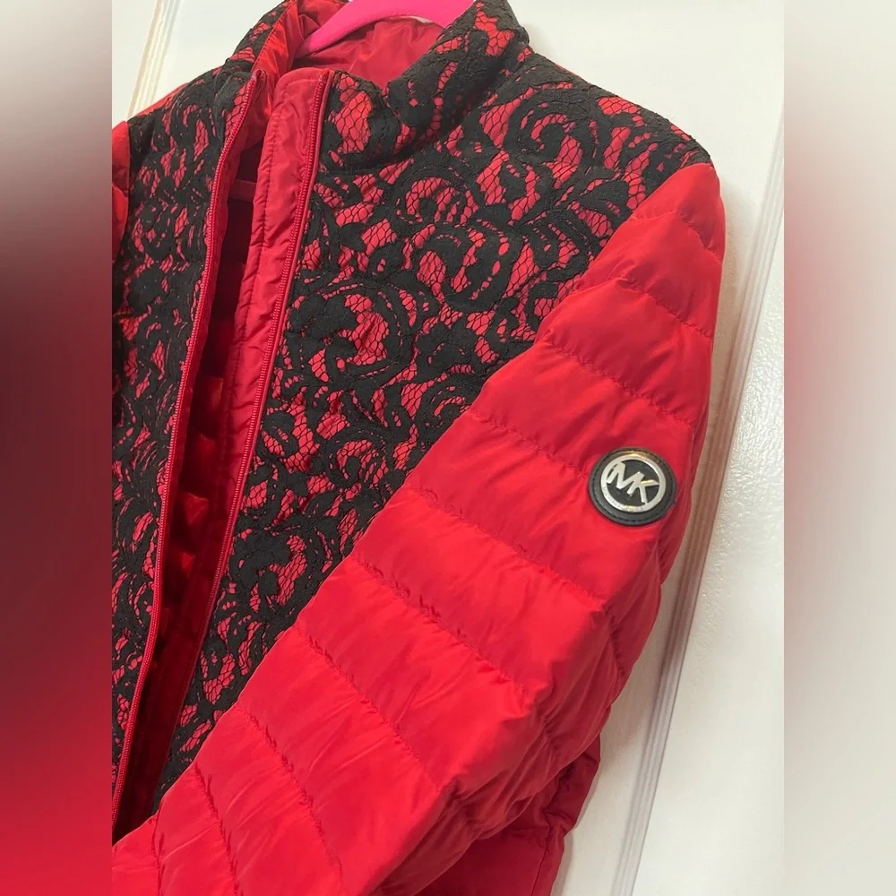 Michael Kors Jacket Women Red Black Lace Front Quilted Puffer, Size XL - Picture 3 of 5